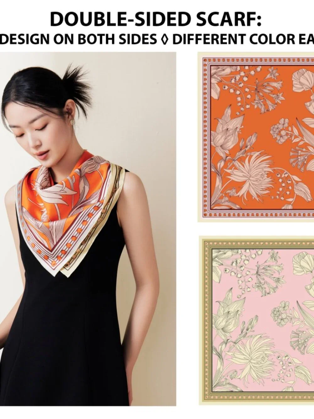 100% Silk Scarf, Large, Twill, Lily of the Valley, Orange/Pink